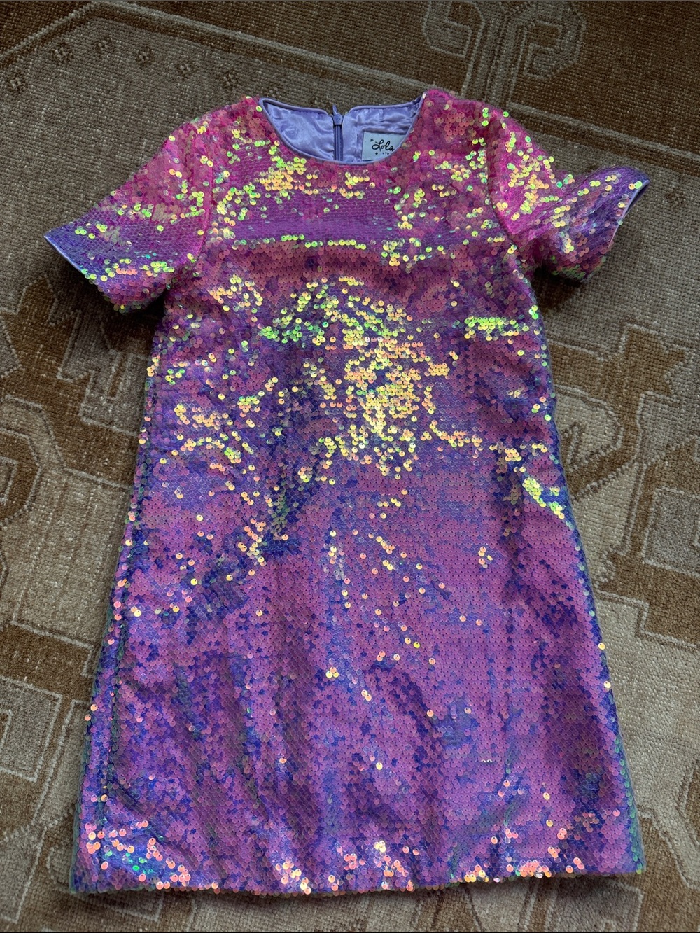 Lola and The Boys Iridescent Sequin Shift Dress in Pink and Purple